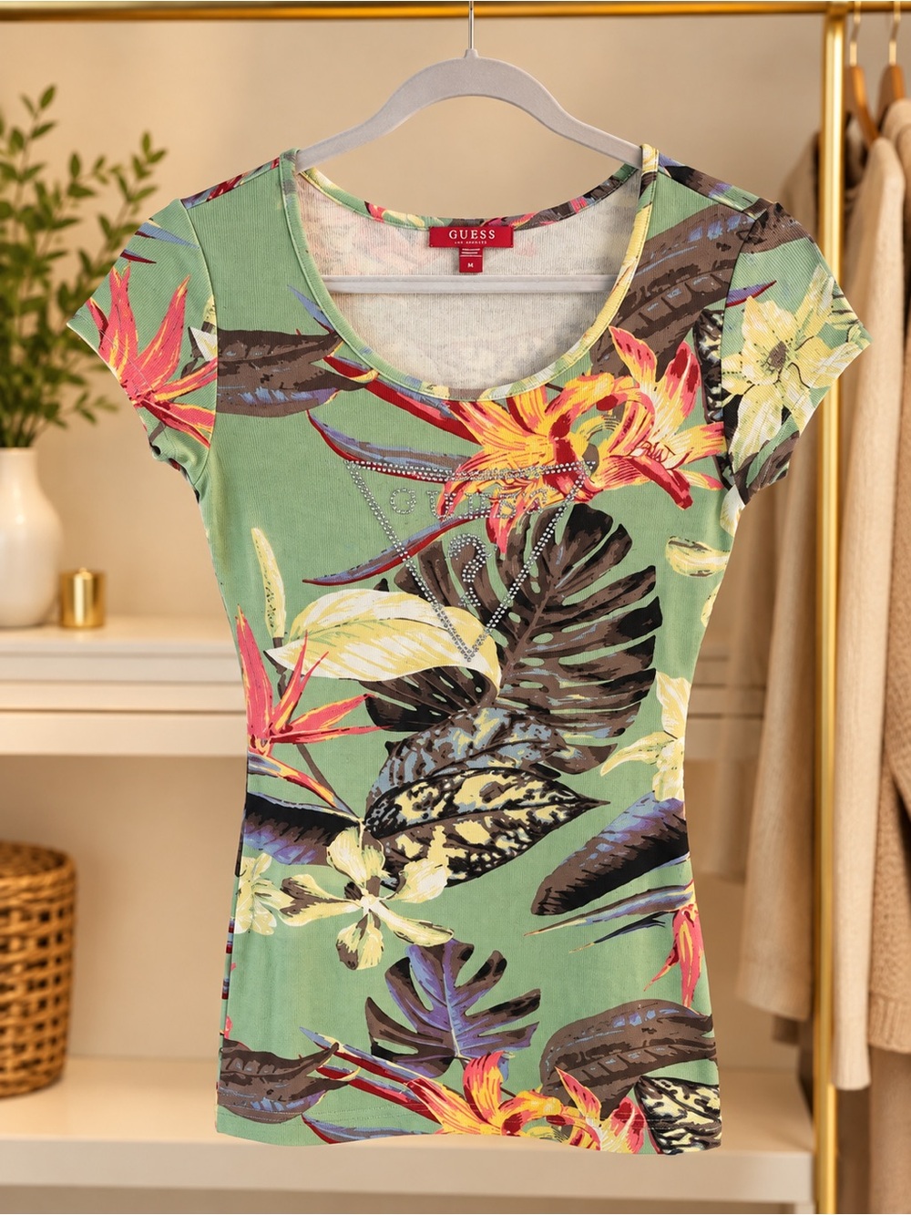 GUESS Floral Print Top | Green Tropical Print | Size M